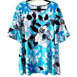 CLARA SUNWOO Blue White Floral Print Tunic Tulip Cuff Sleeves Soft, Large